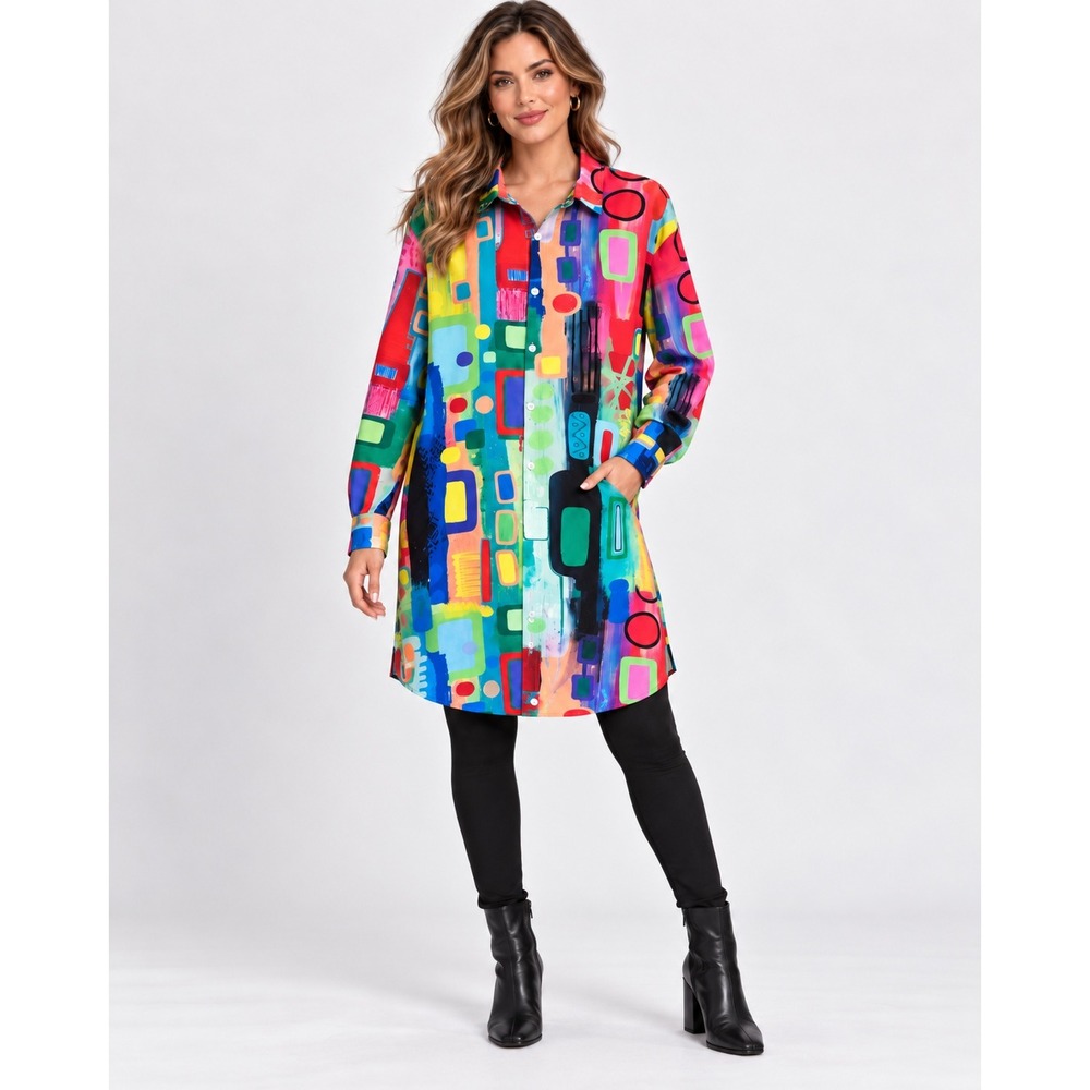 Wearable Art Abstract ColorfulGeometric Print Button Down Shirt Dress Tunic XL